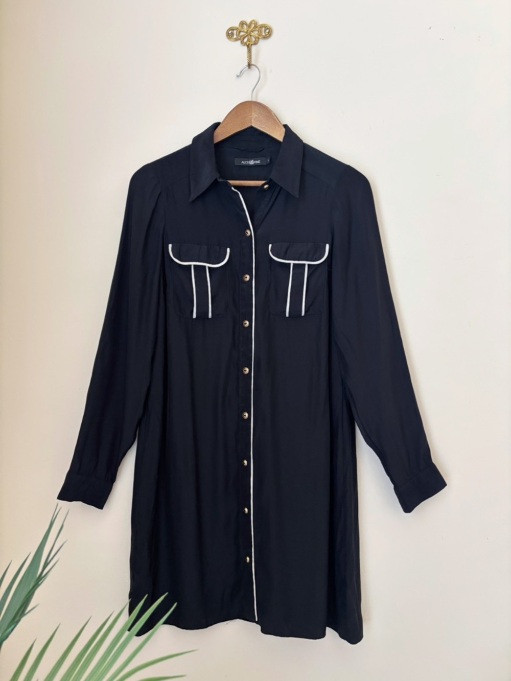 Alice & Trixie Black Button Front Silk Shirt Dress Small Luxe Office